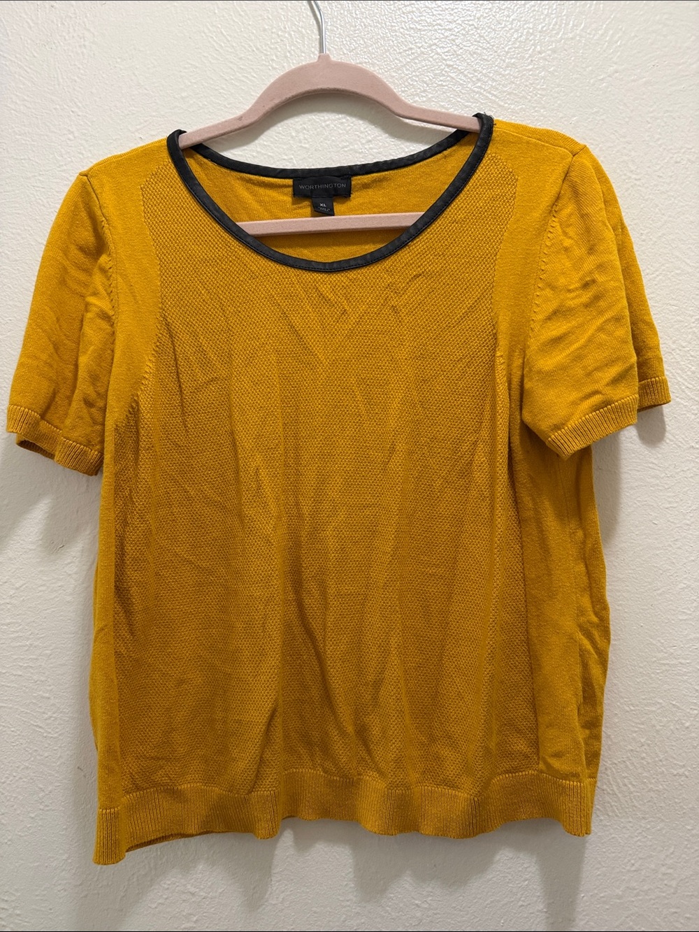 Worthington Mustard Short-Sleeve Knit Top with Black Neck Trim